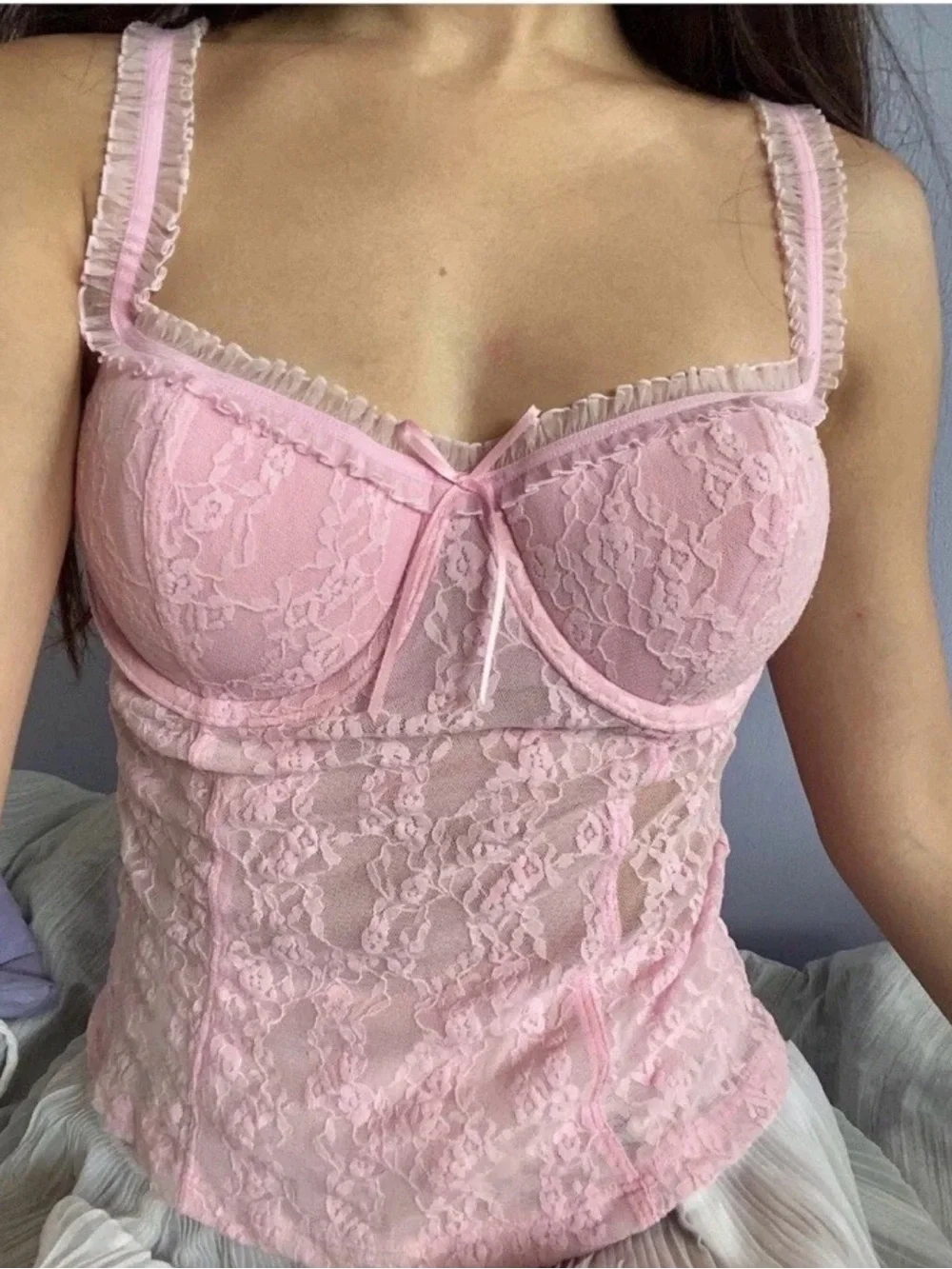Victoria Secret Bustier AND panty ASO Sydney Carlson Size M Baby‎ Pink Lace Y2K
